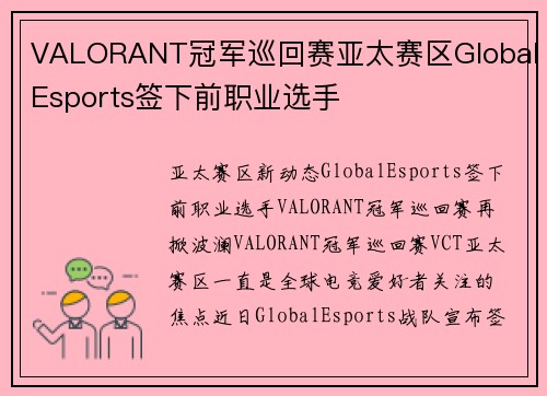 VALORANT冠军巡回赛亚太赛区GlobalEsports签下前职业选手