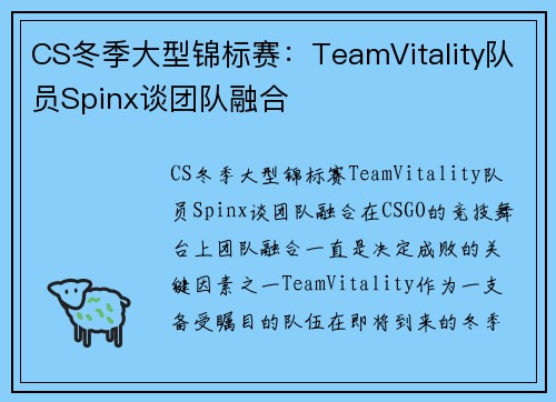 CS冬季大型锦标赛：TeamVitality队员Spinx谈团队融合